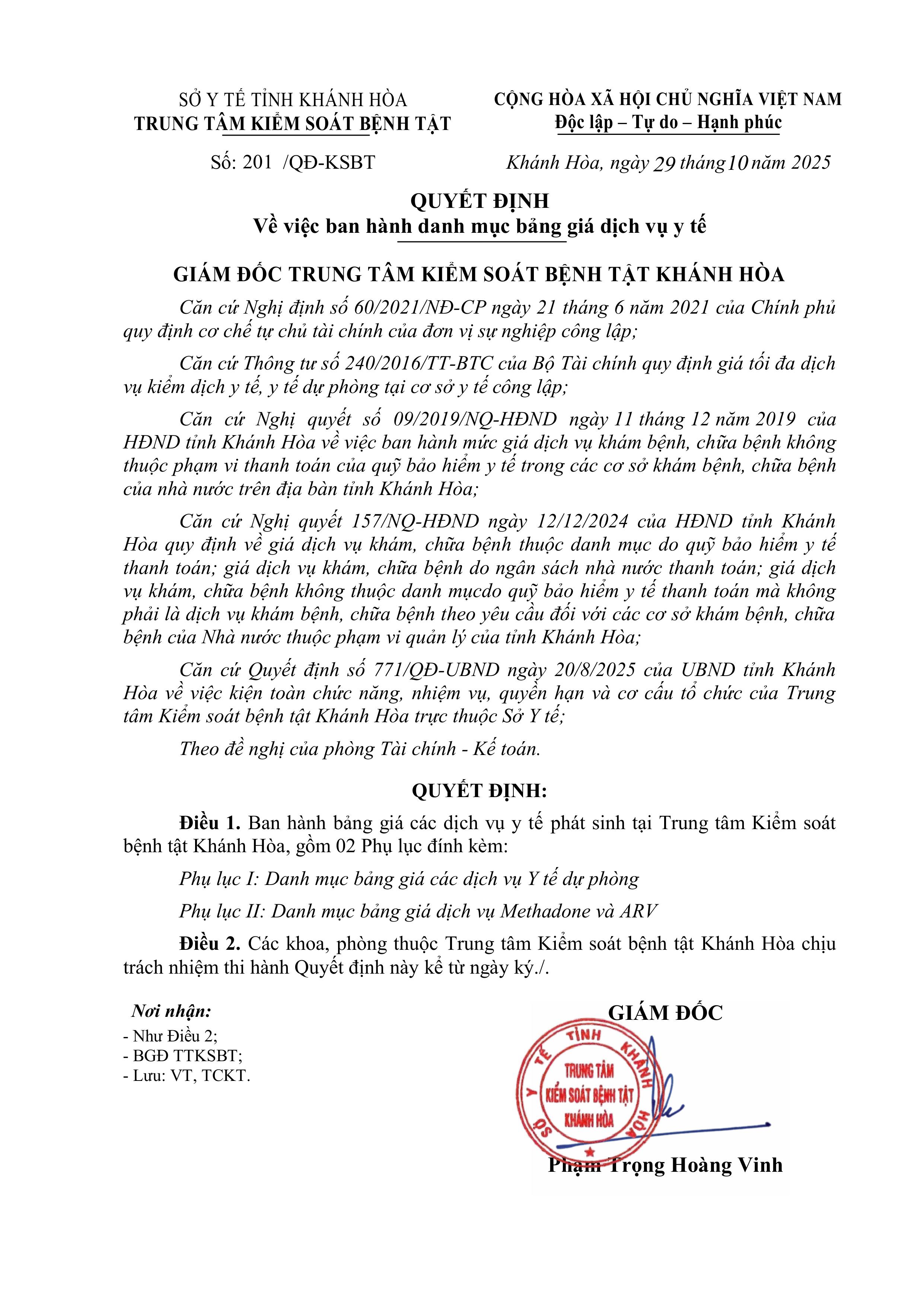 Quyết định Về việc ban hành danh mục bảng giá dịch vụ y tế